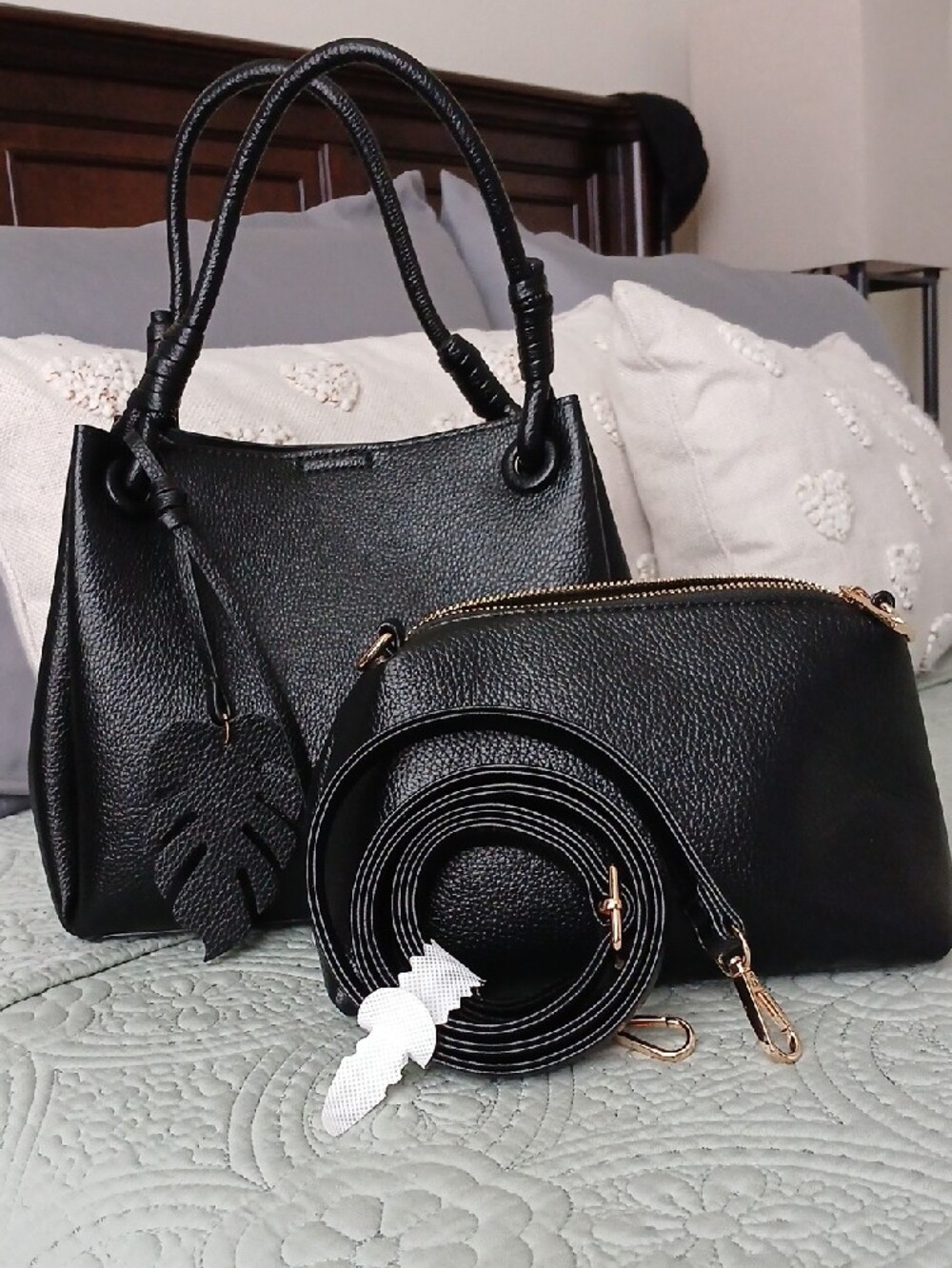 Black Tote Handbag with Leaf Charm